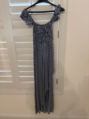 Tiare Hawaii Navy and White Polka Dot High-Low Dress